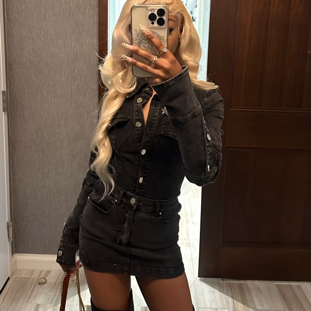 2 - PIECE GREY DENIM SET (BODYSUIT + SKIRT)